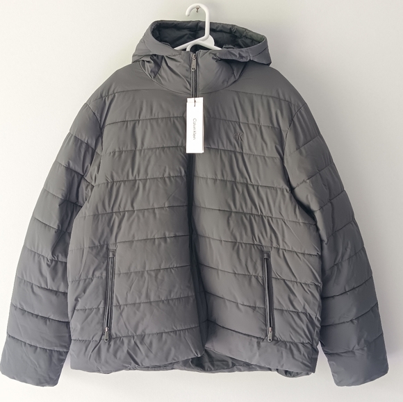 New Calvin Klein Jeans Puffer Hooded Coat Water Resistant Charcoal Grey Size 2XL - Picture 4 of 16